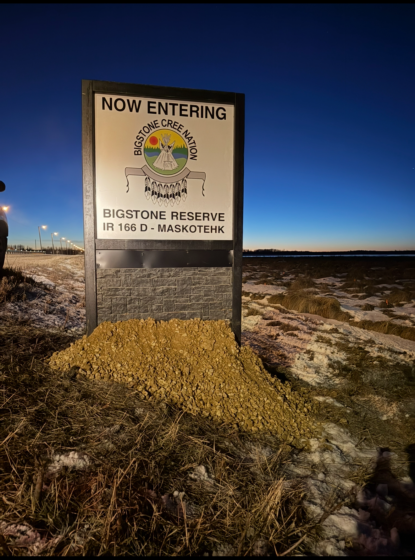 Bigstone Cree Nation IR 166D Maskotehk community signage at dusk