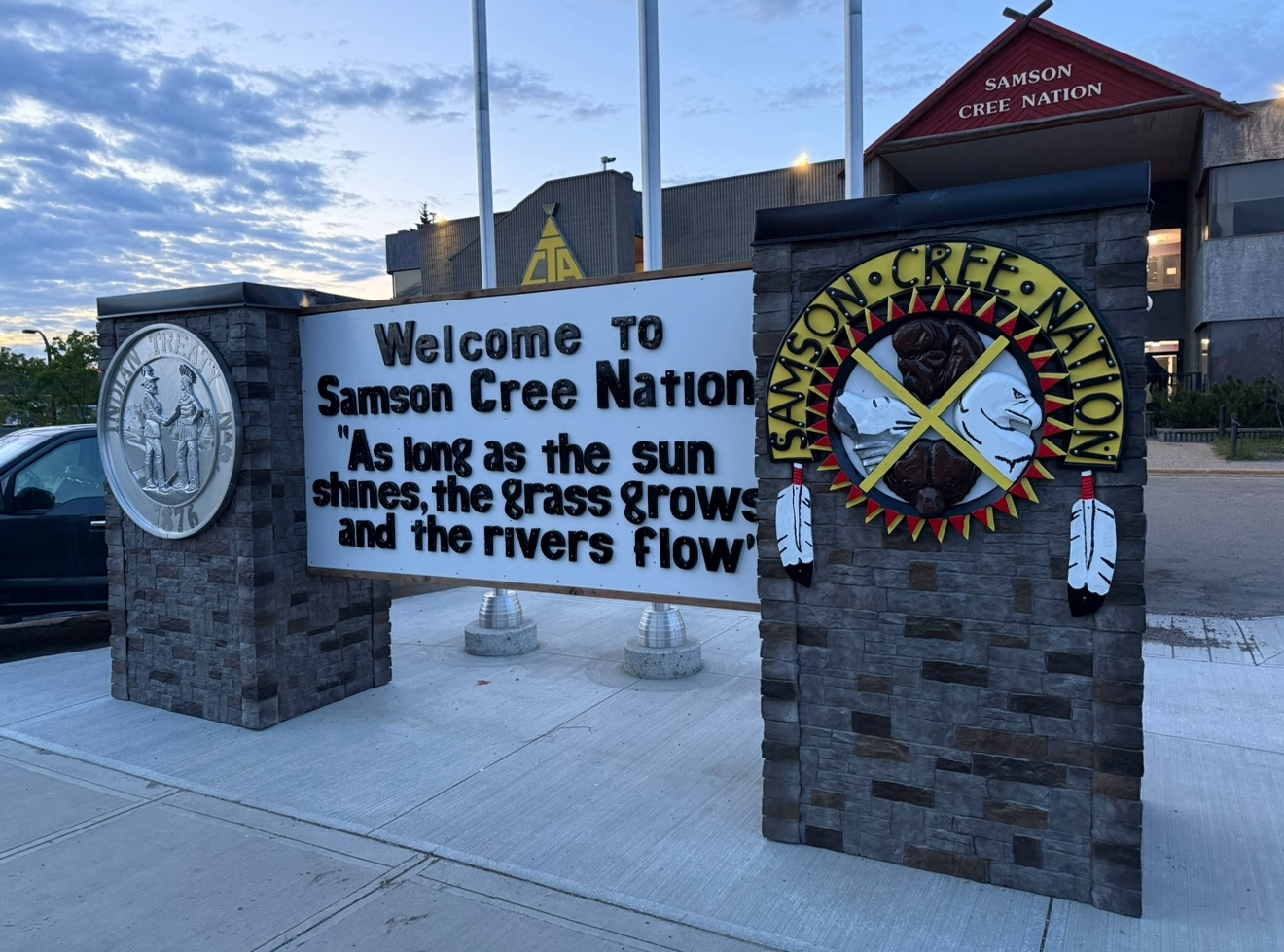 Samson Cree Nation welcome entrance monument with Treaty 6 medallion and nation crest