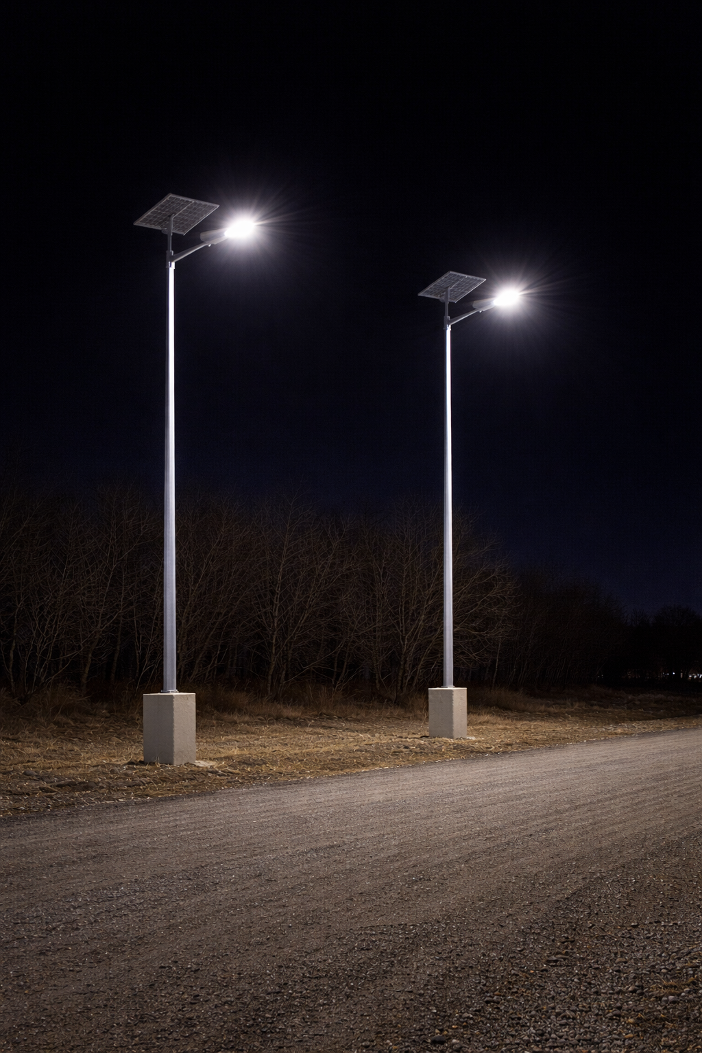 Pair of solar-powered LED street light poles with integrated panels