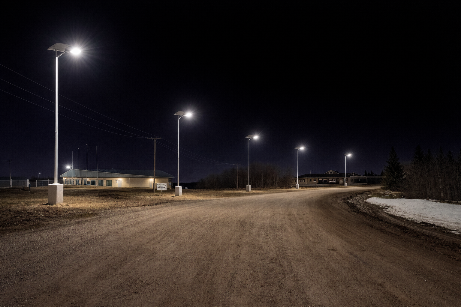 Curving community road lit end-to-end by off-grid solar street lights at night