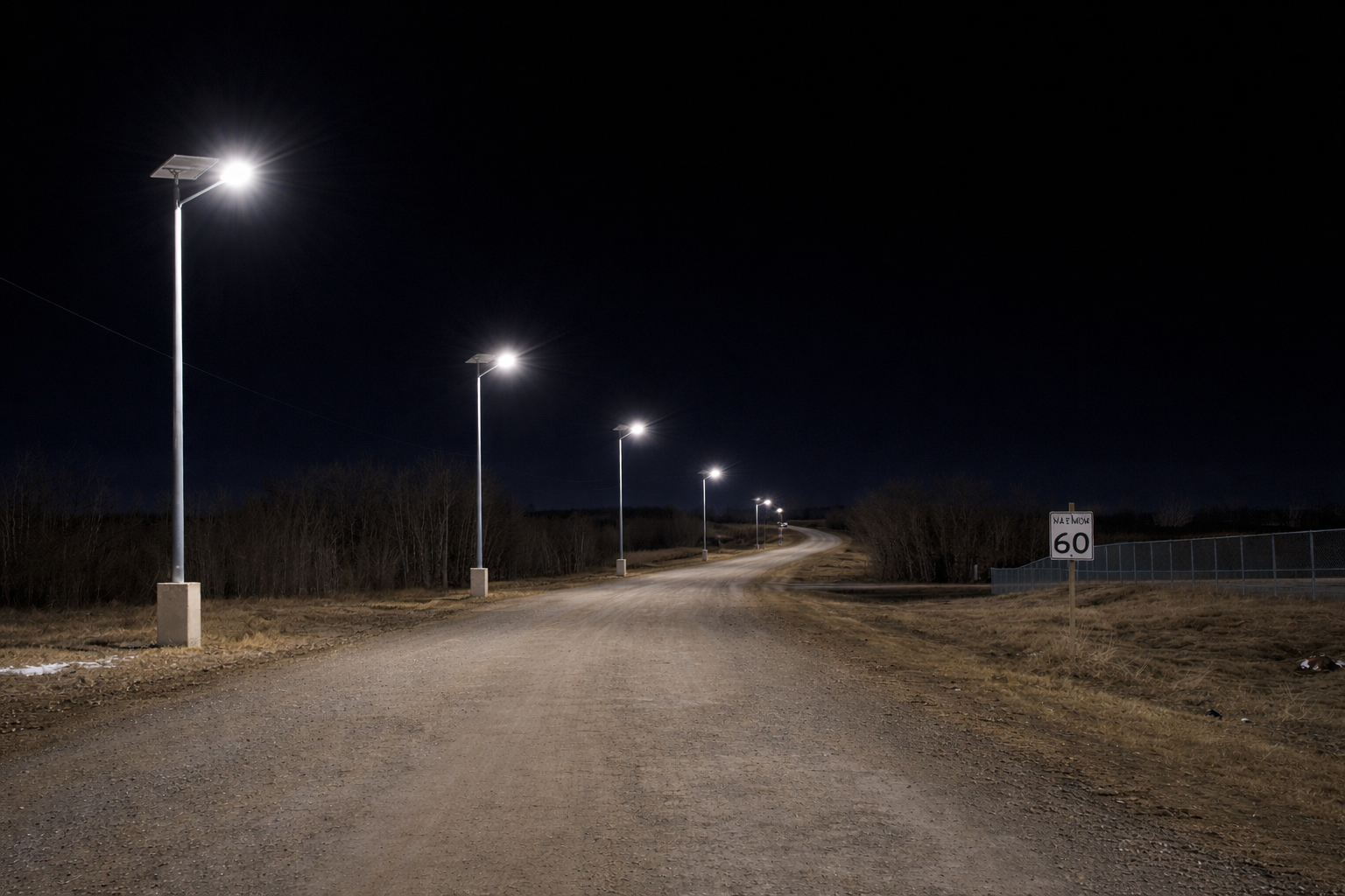 Row of off-grid solar street lights illuminating a rural community road at night