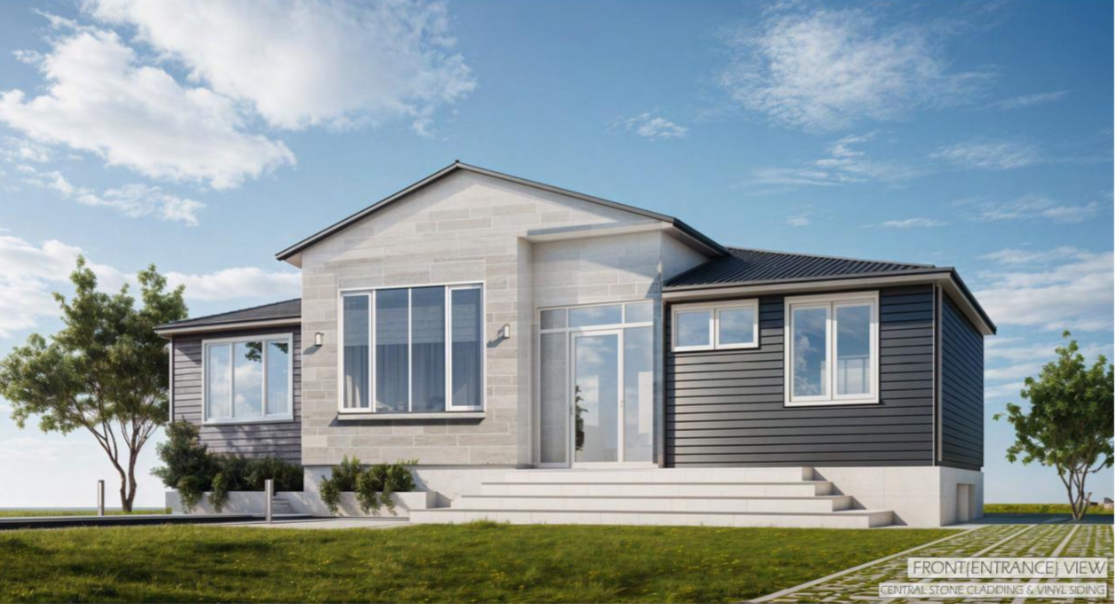 Iron Alliance RTM home — front entrance rendering with central stone cladding and vinyl siding