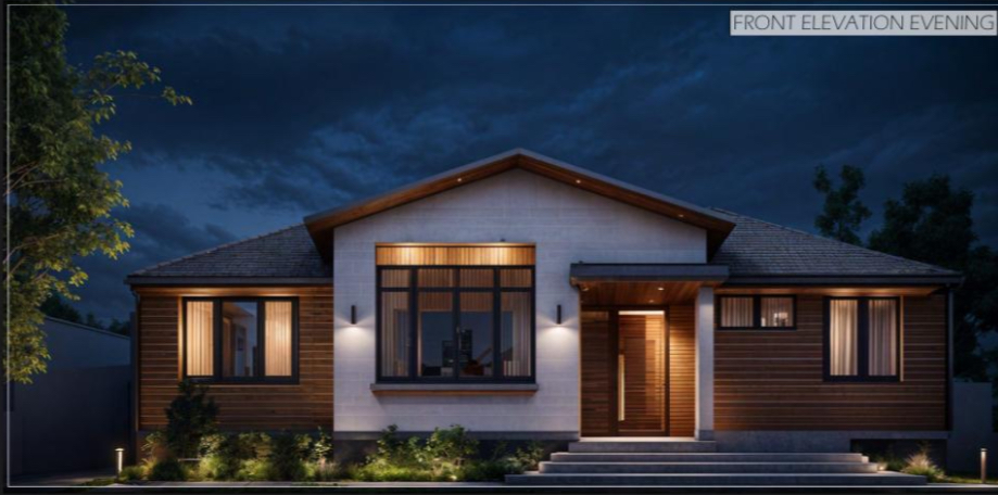 Front elevation rendering at dusk with interior lighting