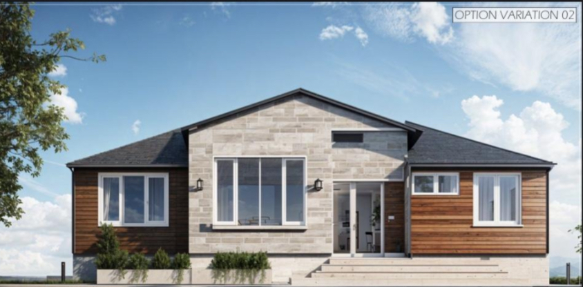 Front elevation with stone centre feature and wood-panel wings