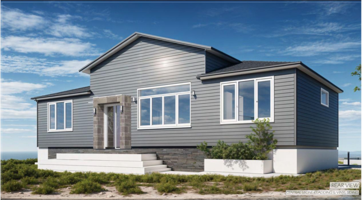 Rear view rendering with central stone cladding