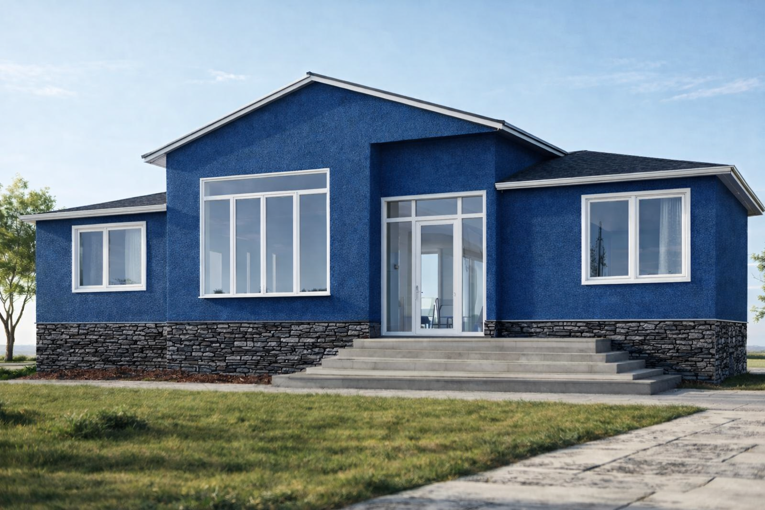 RTM home rendering in deep blue stucco with stone skirt and foam-insulated wall system