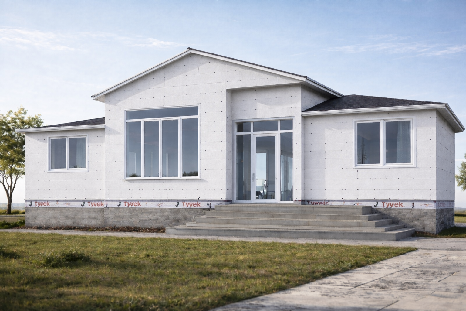 RTM home rendering finished in white acrylic stucco with foam-insulated wall system