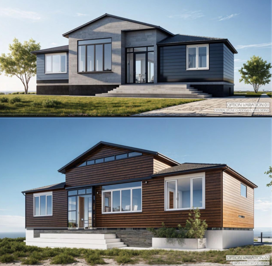 Two cladding variations side by side — stone with vinyl and engineered wood